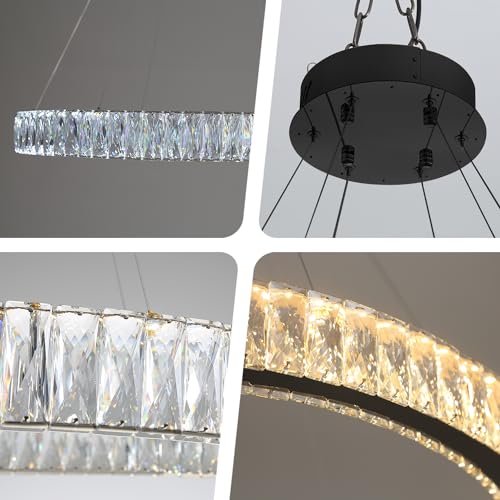 Modern LED Dimmable Crystal Chandelier 31.5" Ring Pendant Light Adjustable Black Round Crystal Chandelier Light Fixtures for Dining Room Living Room