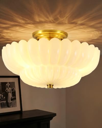 Semi Flush Mount Ceiling Light Fixture 14" Vinatge Gold Ceiling Lights Mid Century Modern Milk White Glass Close to Ceiling Lighting Fixtures for Bedroom Hallway Kitchen Laundry Room Bathroom