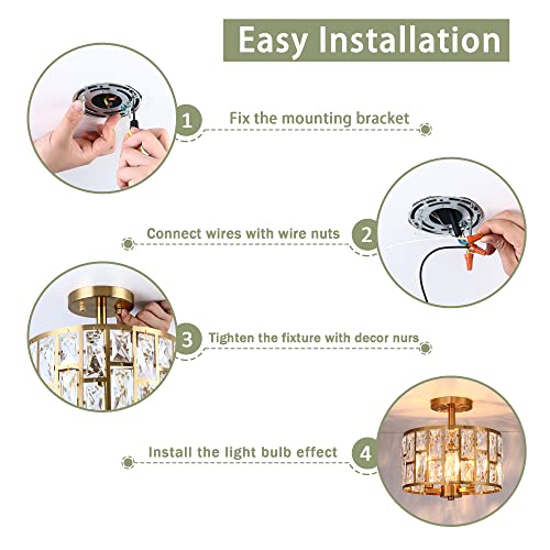 Gold Finish 3LT Crystal Semi Flush Mount Ceiling Light Fixture