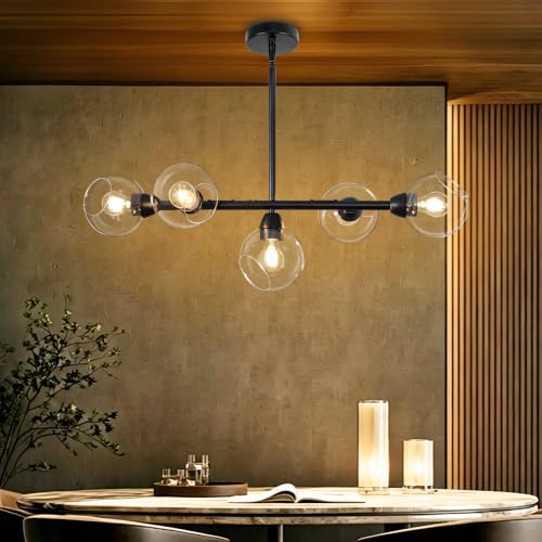 5 Lights Linear Chandelier Modern Black Clear Glass Globe Pendant Light