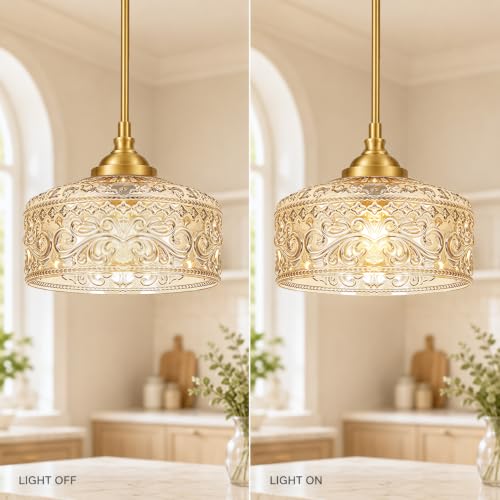 Brushed Gold Vintage Pendant Light Amber Glass Island Lights for Kitchen