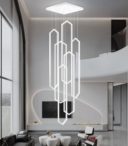 6 Rings Modern Chandelier White Large Contemporary LED Dimmable Light for Living Room Entrance High Ceiling Chandeliers with Remote Control for Villa Foyer