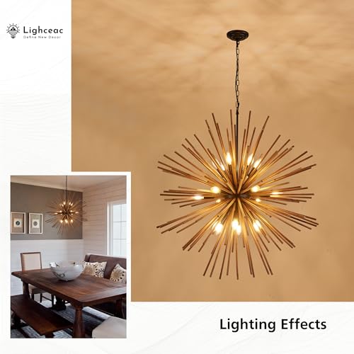 37.4" Farmhouse Sputnik Chandelier for Dining Room Rustic Handmade Natural Wood 18