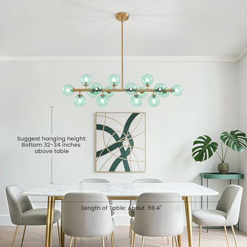 Mid Century Modern Gold Chandelier with Green Glass Rectangle Pendant Fixtures Linear Sputnik Chandeliers for Kitchen Island Dining Room Over Table