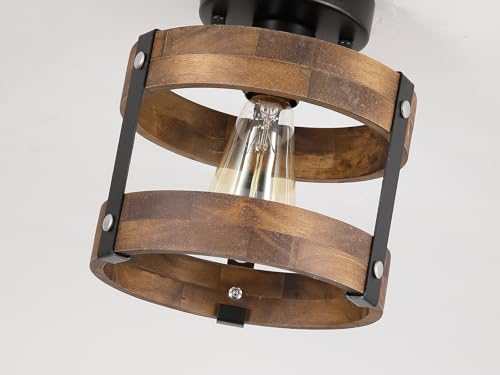 Rustic Farmhouse Wood Flush Mount Ceiling Light Fixture Oak Wood and Metal Round Cage Small Semi Flush Mount Ceiling Light for Kitchen Hallway Entry Bedroom Country Farmhouse