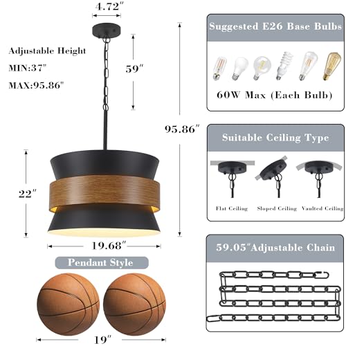 5 Light Black Chandelier 19.68" Drum Farmhouse Chandelier for Dining Room