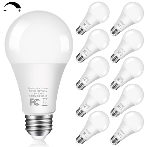 14W 1500LM Dimmable LED Light Bulbs 100 Watt Equivalent Bright A19 LED Bulbs with E26 Medium Base Daylight White 5000K CRI 90+ for Home Office Bedroom Kitchen (10 Count)