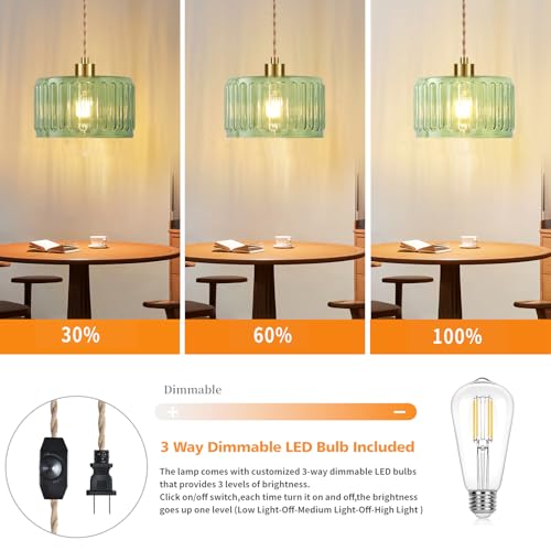 Plug in Pendant Light Hanging Lights with Plug in Cord Boho Hanging Lamp Glass Gold Mid Century Modern Vintage Dimmable Green Flower Plug in Chandelier Ceiling Fixture for Living Room