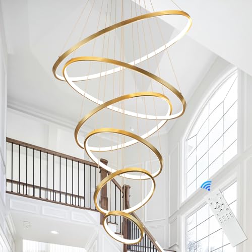 Modern 31" Big LED Chandeliers for High Ceiling 6 Rings Gold Chandeliers with Remote Control Dimmable Large Contemporary Ceiling Pendant Light for Foyer Living Room 3000K (6 Count)