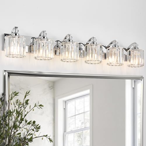6 Light Modern Bathroom Light Fixture Chrome Vanity Lights Over Mirror Wall Sconce Lighting with K9 Crystal Shades Bathroom Wall Lamp E26 Base for Bedroom