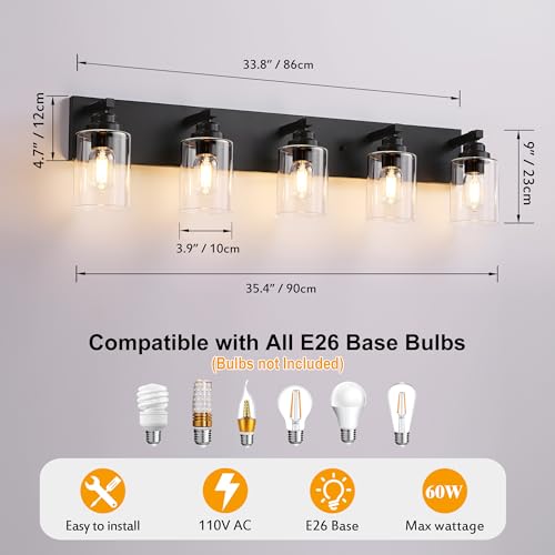 5 Light Matte Black Bathroom Vanity Light