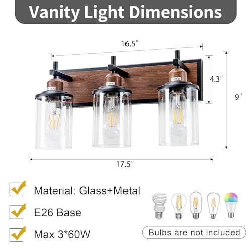 3 Light Farmhouse Bathroom Light Fixtures Vintage Vanity Lights Over Mirror Black and Wood Painted Metal Vanity Light with Glass Shades E26 Socket