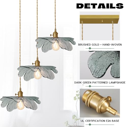 3 Light Mid Century Chandelier Dark Green Leaf Glass for Kitchen