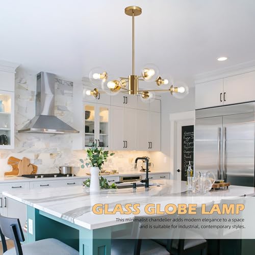 8 Light Globe Sputnik Chandelier Modern Gold Sputnik Chandelier Mid Century Globe Pendant Light Brushed Brass Finished with Clear Glass Lampshade Chandeliers for Kitchen Bedroom (8 Count)