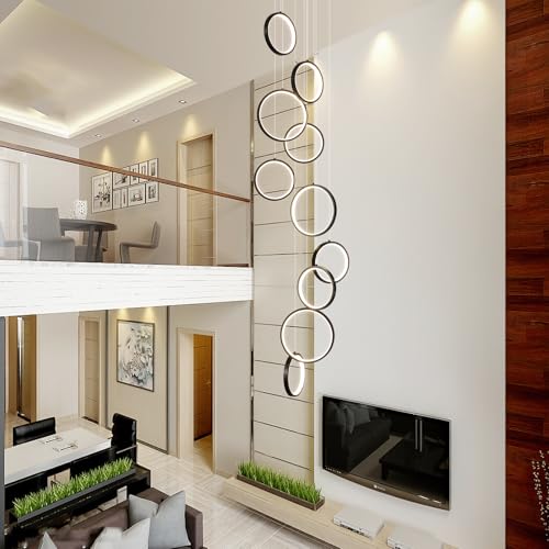 Modern 10 Ring Black LED Chandelier for High Ceilings and Foyers