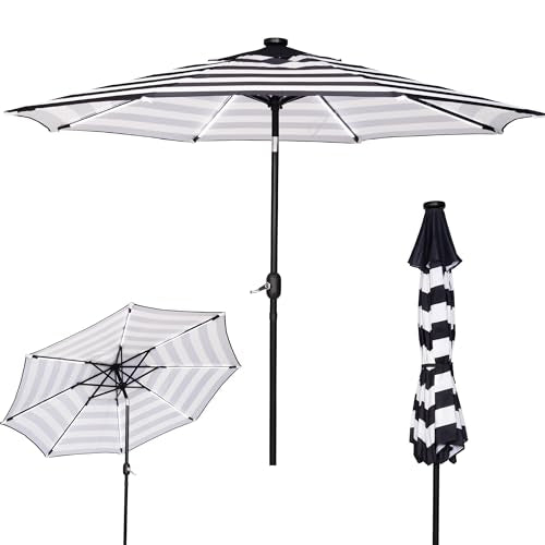 9FT Patio Umbrella with Solar Lights 8 LED Light Black and White