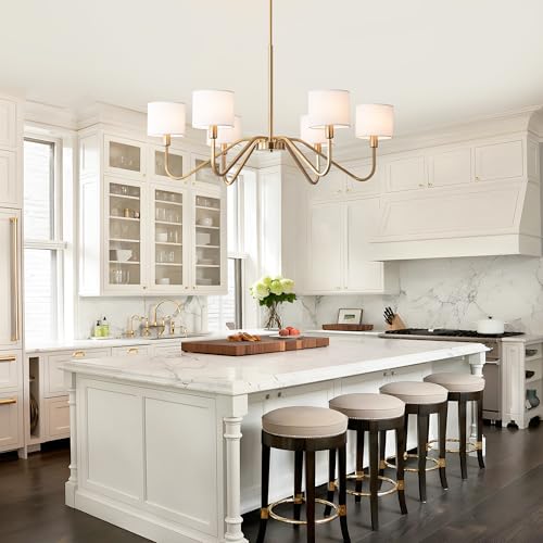 Modern Gold 6-Lights Chandelier, 39" Pendant Light with White Fabric Shade Adjustable Classic Chandelier Light Fixtures for Kitchen Island Dining & Living Room Entryway