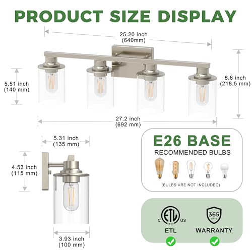 4 Light Nickel Bathroom Vanity Light Fixture ETL Listed (4 Count)
