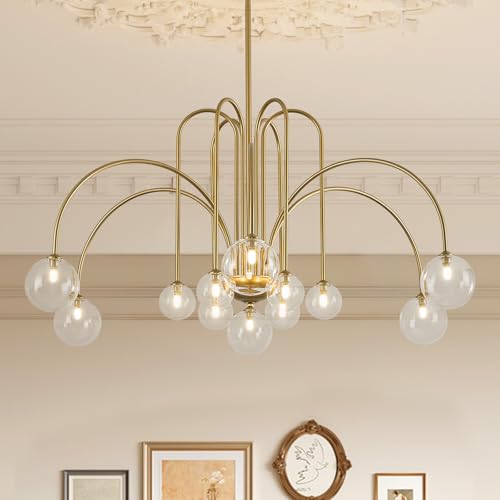 Gold Sputnik Chandelier with Clear Glass Globe 12 Lights L52 Inch