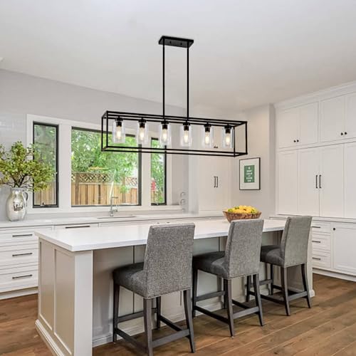 6 Light Dining Room Light Fixture Black Farmhouse Chandelier Kitchen Island Pendant Lighting Rectangle Modern Industrial Living Room Hanging Lights Adjustable Height