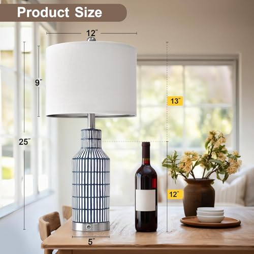25" Modern 3 Way Dimmable Touch Control with USB A+C Ceramic Lamps Set of 2 Table Lamp for Living Room Bedroom Farmhouse Nightstand Bedside Blue (2 Count)