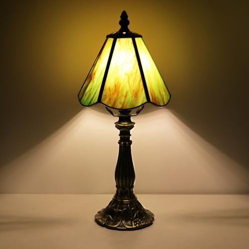 Small Tiffany Style Table Lamp Amber Green Stained Glass Lamp 14 Inch