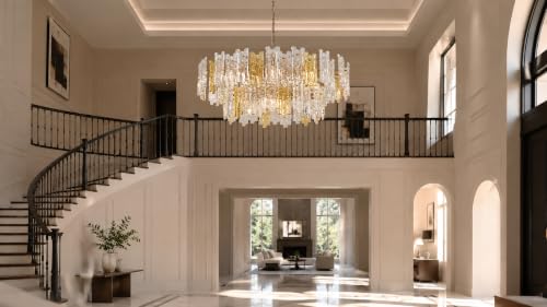 40 Inch Amber & Clear Ice Crack Crystal Glass Chandelier