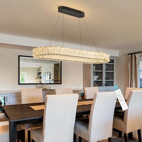 Modern Oval Crystal Chandelier Glam Dimmable Crystal Ceiling Chandeliers for Dining Room Kitchen Island Black