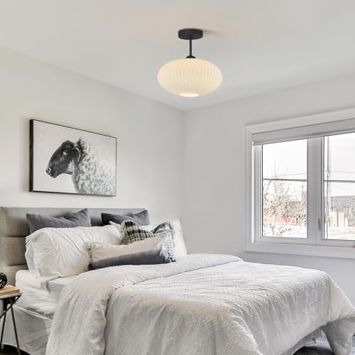 Large Milk Glass Ceiling Light Mid Century Modern Semi Flush Mount Ceiling Light Fixture Farmhouse Black Ceiling Lights for Closet Hallway Bathroom