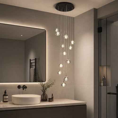 Modern LED High Ceiling Chandelier,12-Light Fixture Crystal Hanging Lamp Dining Room Dimmable Adjustable Luxury Pendant Lights for Living Dinning Room Hallway Foyer Staircase Entryway
