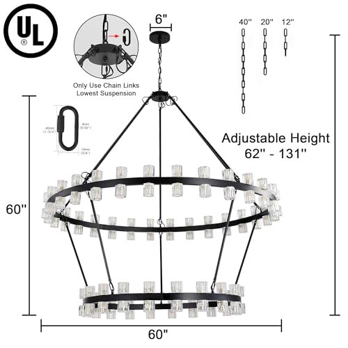 60 Inch Black Wagon Wheel Chandelier with Crystal Shade
