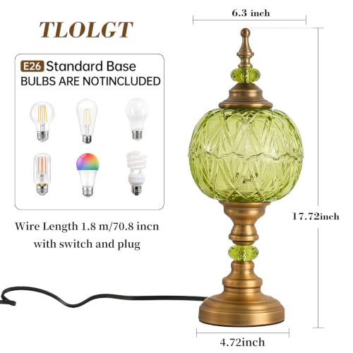 Vintage Glass Green Table Lamp Fixture with E26 Bulb Desk Lights with Plug Switch for Bedroom Living Room Dressing Room