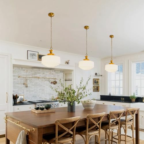 Vintage Brass Milk Glass Pendant Light Fixture