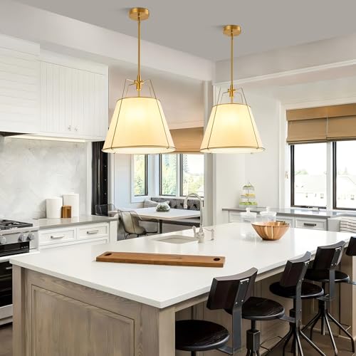 Modern Pendant Light Fixtures with 16" White Linen Fabric Shade