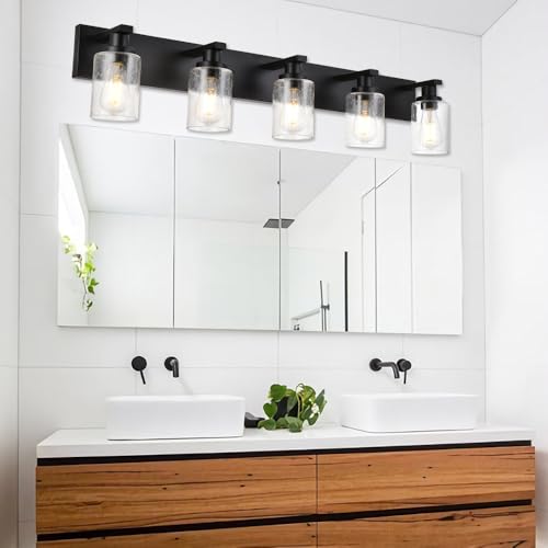 5 Lights Farmhouse Bathroom Vanity Light in Black Finish Wall Mount Lighting Fixtures with Seeded Glass for Mirror Cabinet Kitchen Bedroom