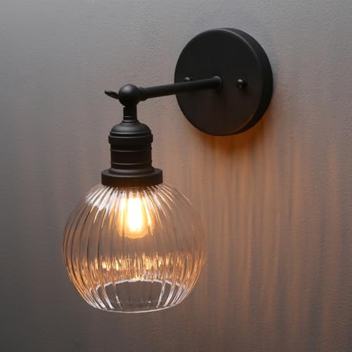 Vintage Wall Sconce Indoor Adjustable Wall Sconce with Ribbed Globe Glass Shade Black Wall Light Fixtures for Hallway Bathroom Kitchen Living Room
