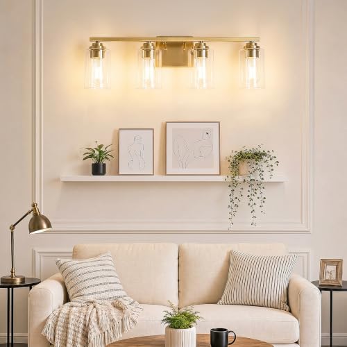 4 Light Brushed Gold Bathroom Light Fixtures Over Mirror 27 Inches