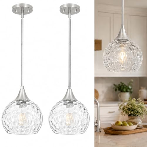 Brushed Nickel Pendant Lights 2 Pack with Hammered Glass for Kitchen Island (2 Count)