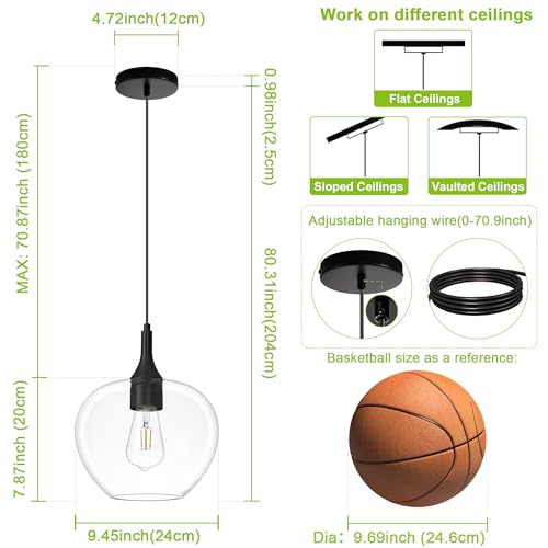 9.45in Black Pendant Lights Kitchen Island with Clear Glass Shade 1Pack