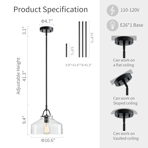 Chandelier Rustic Farmhouse Industrial Round Ceiling Pendant LED Light Fixture with Clear Glass Shades for Dining Room Kitchen Island Foyer Entryway