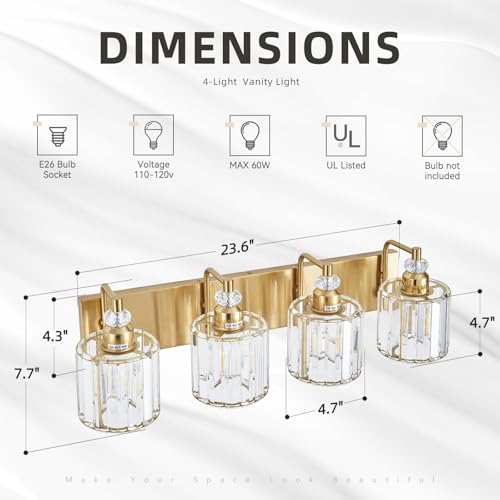 4 Light Modern Vanity Lights Brushed Brass Bathroom Light Fixtures Over Mirror Gold Bathroom Vanity Lighting with Crystal Shade E26 Base Wall Sconce for Bedroom Living Room Restroom Wall Lamp