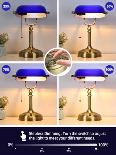 Blue Stepless Dimmable Glass Bankers Desk Lamp