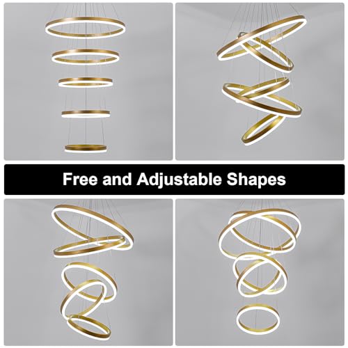 5 Rings Modern LED Chandelier Gold Dimmable High Ceiling Chandelier for Dining Room with Remote Control for Foyer Living Room Entryway Staircase