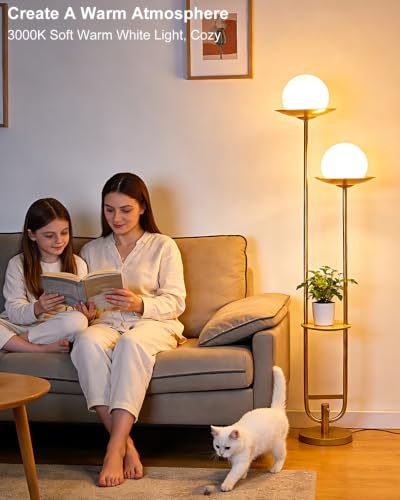 63IN Gold Floor Lamp 2 Globe Mid Century Standing Lamps Dimmable with 3000K Warm White LED Bulbs Unique Vintage Tall Floor Lamp for Living Room