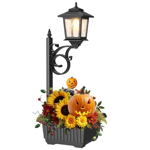 1 Pack 2-in-1 Outdoor Flower Pot, Solar Post Lamp Waterproof, Solar Lamp Post Light, Wall Mount or Freestanding, Outdoor Decorative Lamp for Garden, Patio, Front Porch, Back Door, Warm White