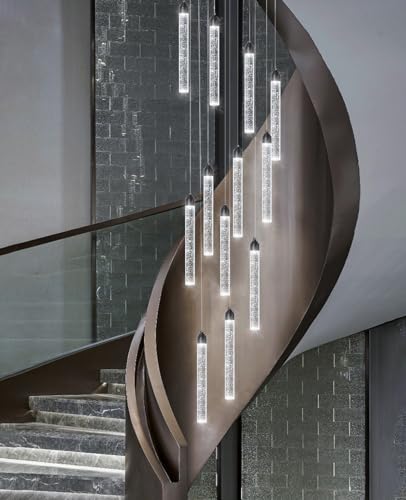 12 Lights Modern Chandeliers for Entryway High Ceiling Chandelier LED Dimmable Long Lights Fixture Pendants Lighting Crystal Chandeliers for Hallway Foyer Living Room Black Finished Lighting