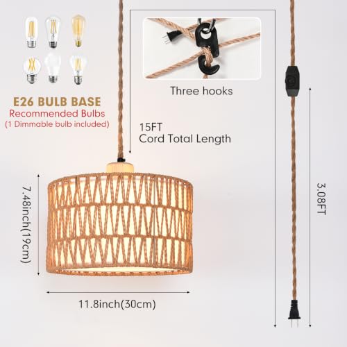 Rattan Plug in Pendant Boho Hanging Lamp with Dimmer Switch Woven Light Fixture Small Chandelier Ceiling Light with Plug in Cord for Bedroom Living Room Kitchen Island