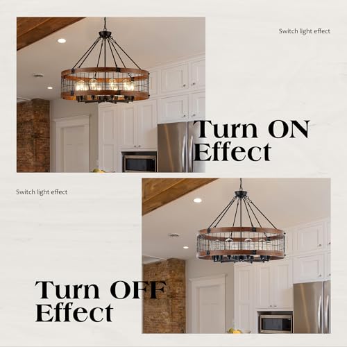 10 Light Farmhouse Drum Wood Pendant Light