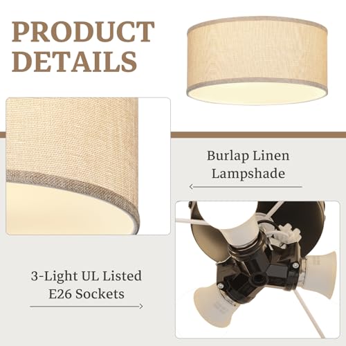 13 Inch Flush Mount Ceiling Light with Burlap Linen Drum Shade
