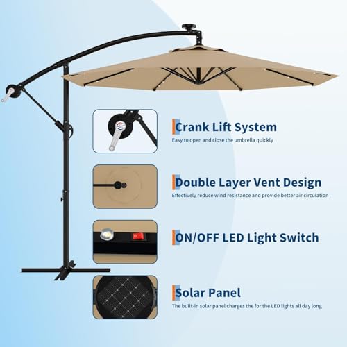 10FT Solar Lights Offset Patio Umbrella with Cross Base